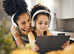 Mother, child and tablet with headphones, smile or excited for movie, music or streaming subscription. Mom, kid and digital touchscreen for education, learning or help for online class in family home
