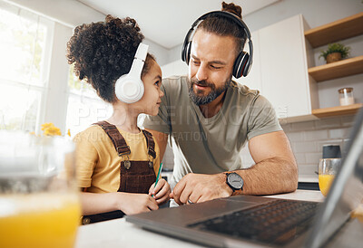 Buy stock photo Father, child and headphones on laptop for home education, e learning support and helping with translation. Happy dad, family and boy kid on computer and listening to audio for language and teaching