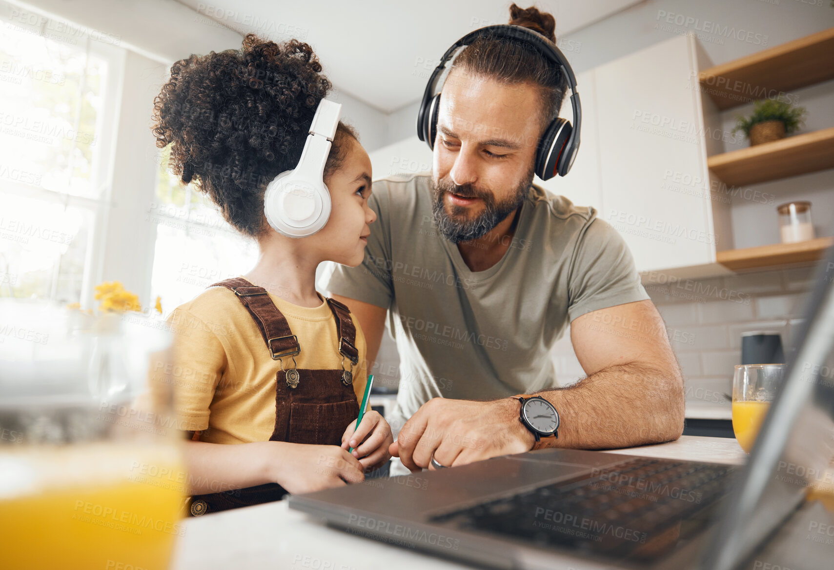 Buy stock photo Father, child and headphones on laptop for home education, e learning support and helping with translation. Happy dad, family and boy kid on computer and listening to audio for language and teaching