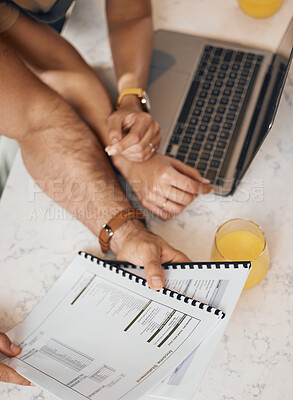 Buy stock photo Hands, documents and laptop with a couple in the kitchen to budget for finance, investment or savings in a home from above. Computer, paper or planning with a husband and wife reading info to bank