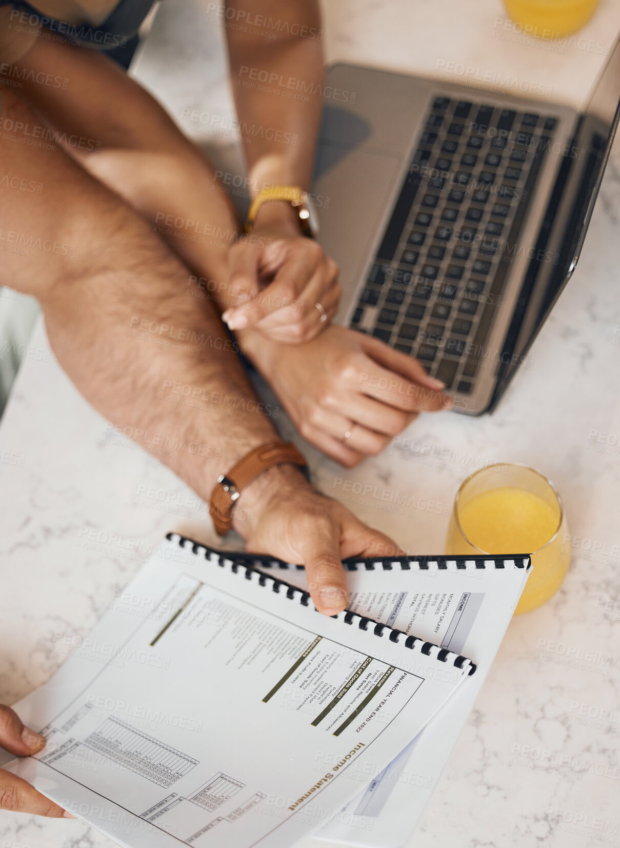 Buy stock photo Hands, documents and laptop with a couple in the kitchen to budget for finance, investment or savings in a home from above. Computer, paper or planning with a husband and wife reading info to bank