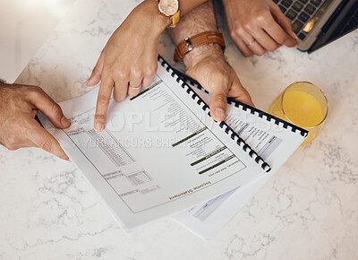 Buy stock photo Hands, documents and a couple in the kitchen to budget for finance, investment or savings in a home from above. Paper, insurance or planning with a husband and wife reading information for accounting