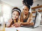 Elearning, mom and child in home with headphones, laptop and homework for online class. Computer, mother and boy working together for virtual school, help with writing and kids education in kitchen.