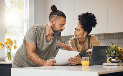 Buy stock photo Debt, documents and couple in kitchen with laptop argue for financial bills, online payment and banking. Marriage, stress and man and woman on computer with mortgage, insurance paperwork and budget