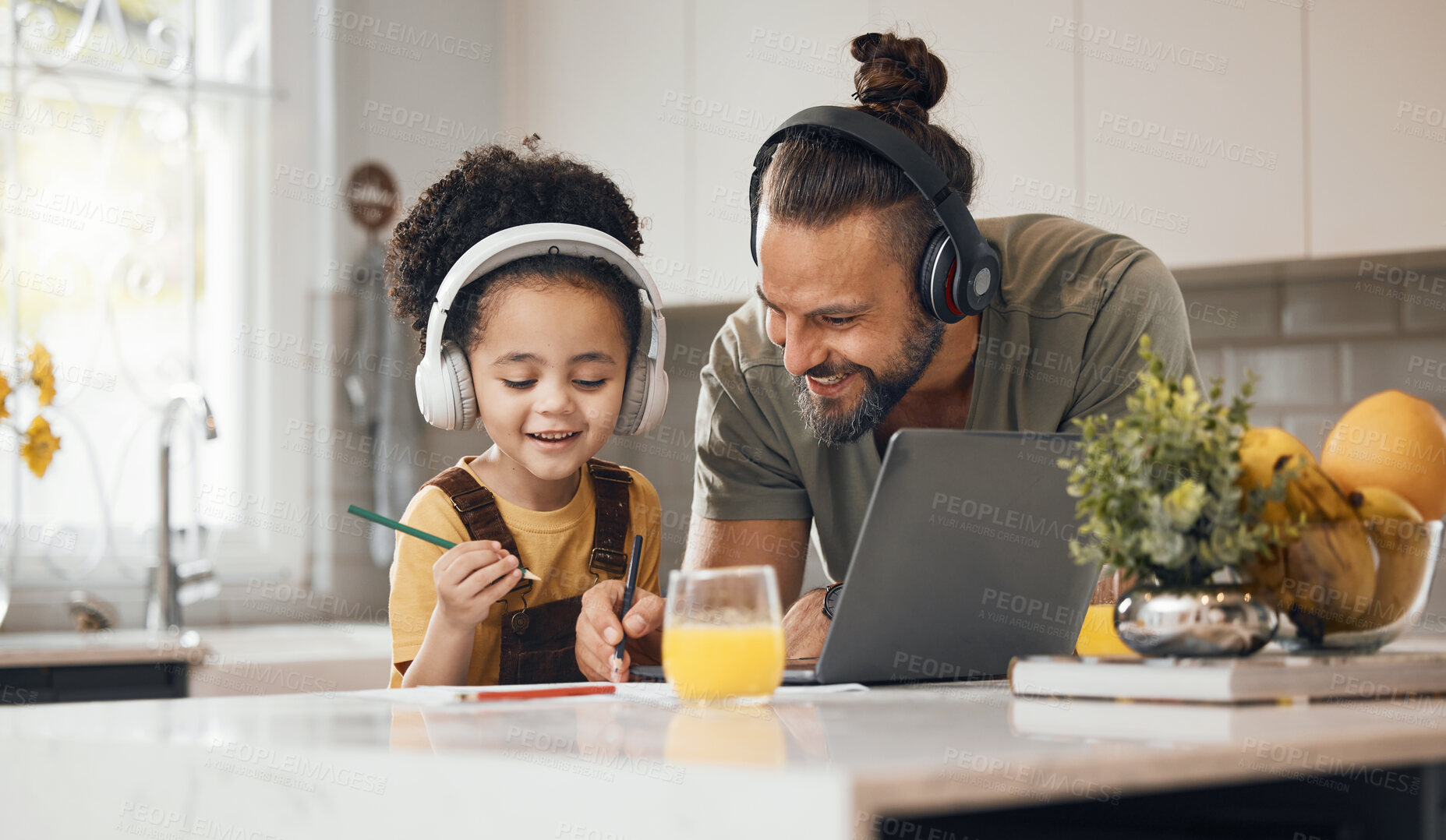 Buy stock photo Elearning, dad and child in home with headphones, laptop and homework for online class. Computer, father and boy working together for virtual school, help with writing and kids education in kitchen.