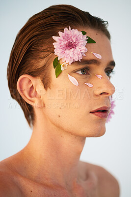 Buy stock photo Beauty, petals and flowers on face of man in studio for spring, natural cosmetics and creative. Glow, self love and floral with model on white background for makeup, spa treatment and wellness