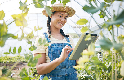 Buy stock photo Woman, farmer or tablet in greenhouse for agriculture, gardening or sustainability of plants. Happy worker, digital tech or farming app for organic food production, inspection or sustainable business