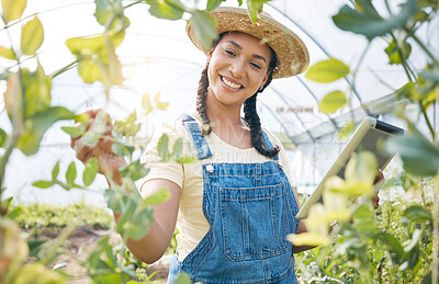 Buy stock photo Woman, gardening and tablet in greenhouse for agriculture, check plants and ecology analysis. Happy farmer, sustainable business owner and digital tech for farming app, leaf growth or agro inspection