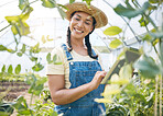 Happy, woman and gardening on tablet in greenhouse for agriculture, farming plants or eco supply chain. Farmer, digital tech or sustainable business app for food production, agro growth or inspection