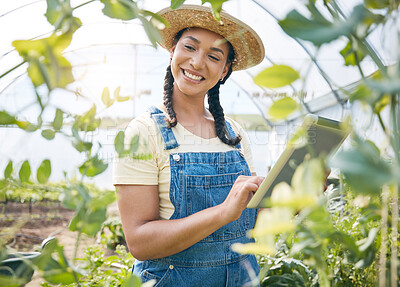Buy stock photo Happy, woman and gardening on tablet in greenhouse for agriculture, farming plants or eco supply chain. Farmer, digital tech or sustainable business app for food production, agro growth or inspection
