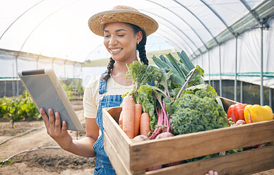 Buy stock photo Farmer, tablet and vegetables box for agriculture, sustainability and farming in greenhouse or agro business. Person on digital technology, harvest and gardening e commerce inventory and market sales