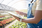 Agriculture, farming and hands with a tablet in a greenhouse for plants, innovation and sustainability. A farmer person with technology for eco growth, agro business management or quality control app