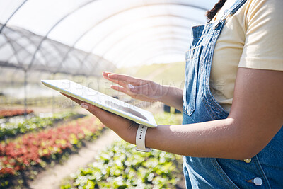 Buy stock photo Agriculture, farming and hands with a tablet in a greenhouse for plants, innovation and sustainability. A farmer person with technology for eco growth, agro business management or quality control app
