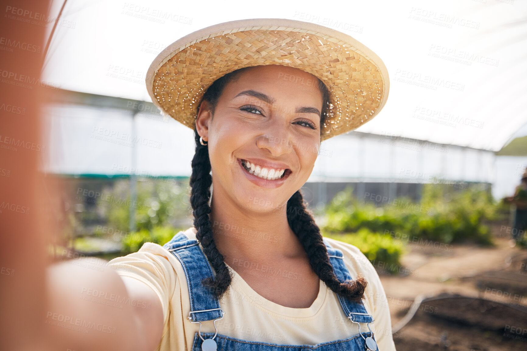 Buy stock photo Selfie, smile and a woman in a farm greenhouse for agriculture or natural sustainability in the harvest season. Portrait, farming and a happy young female farmer in a garden for eco friendly growth