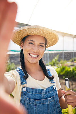 Buy stock photo Selfie, smile and a farmer woman in a greenhouse for agriculture or sustainability in the harvest season. Portrait, farming and a happy young female person in a farm garden for eco friendly growth