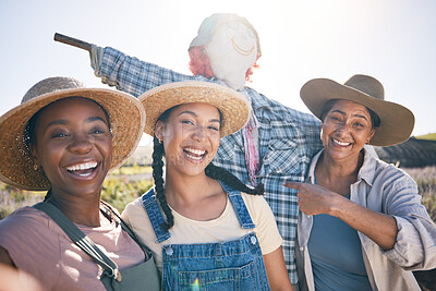 Buy stock photo Farmer, women and selfie in countryside with comedy and scarecrow outdoor with a smile. Diversity, worker group and portrait with social media and profile picture on a agro farm with sustainability