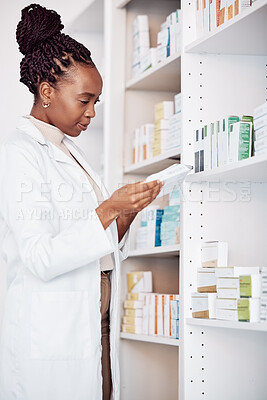 Buy stock photo Pharmacy, woman and tablet technology, medicine shelf or healthcare inventory of boxes or stock management. Medical pharmacist or african doctor reading pills, product package or label for e commerce