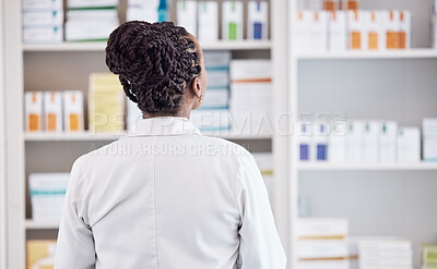 Buy stock photo Pharmacy, search and back of woman in store for medicine, inventory and medical. Healthcare, retail and wellness with person and shopping shelf for supplements, pills dispensary and prescription