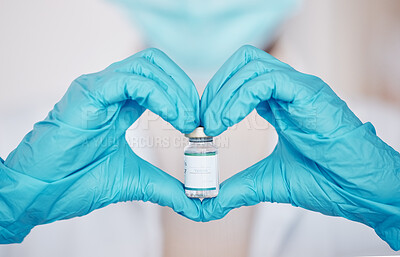 Buy stock photo Vaccine medicine, heart hands or doctor person with pharmaceutical bottle for virus protection, lab research or healthcare. Clinic health support, pharmacy laboratory and closeup nurse with love icon