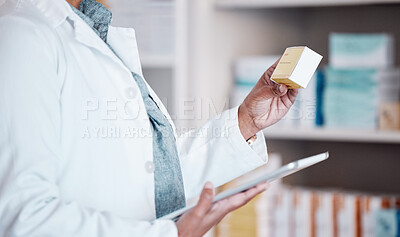 Buy stock photo Pharmacist, pills and tablet, person check inventory and inspection, medicine and healthcare closeup. Pharmaceutical drugs, digital checklist and stock with health, supplements and quality assurance 
