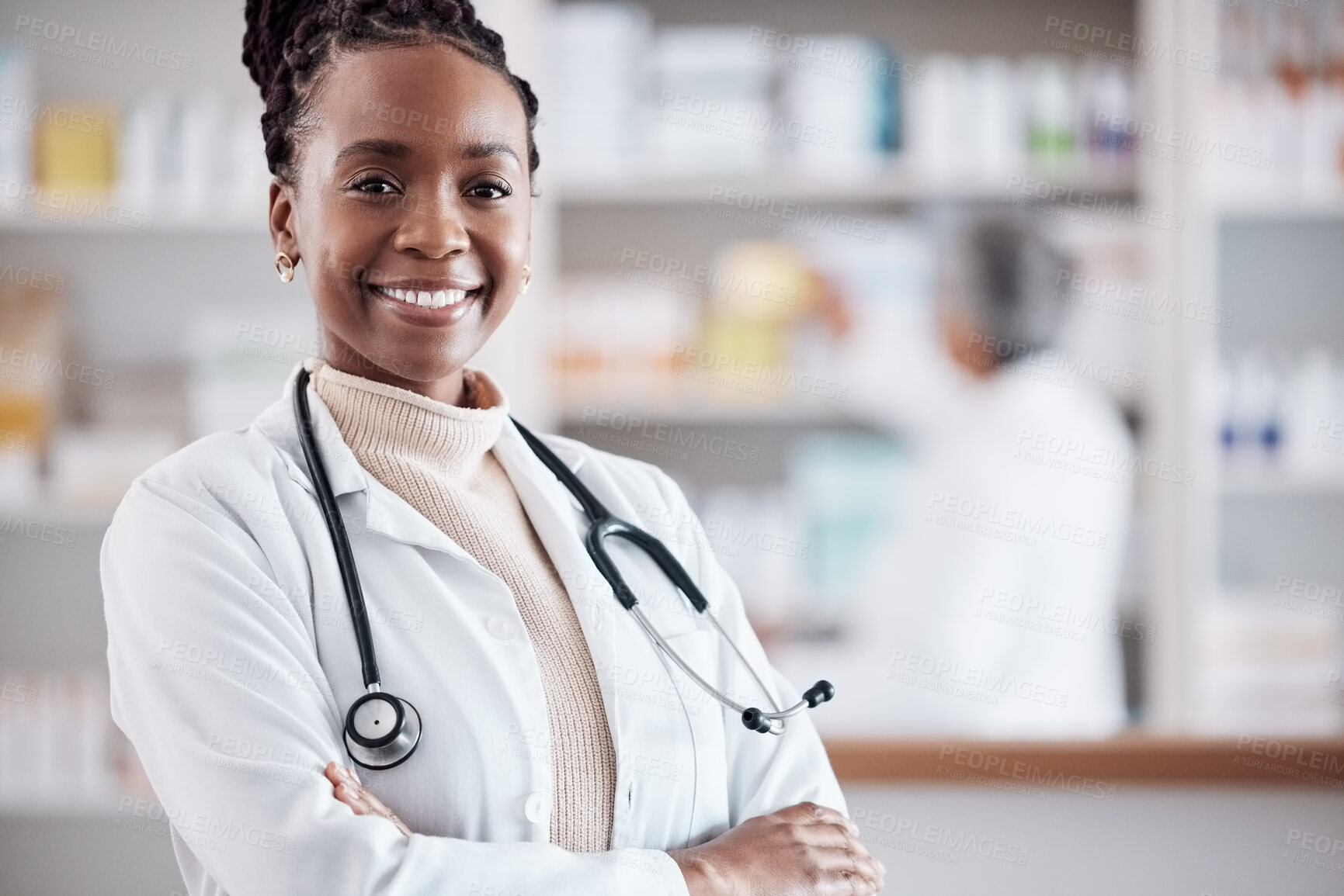 Buy stock photo Black woman, doctor in portrait with arms crossed and healthcare, medical professional and hospital dispensary. Pharmacy, health and confidence, smile with wellness and drugs, medicine and service