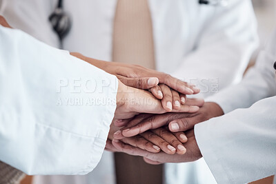 Buy stock photo Healthcare, collaboration and hands together in circle for team, unity and motivation at a hospital. Doctors, diversity and medical employees in a huddle for solidarity, help and support in medicine.