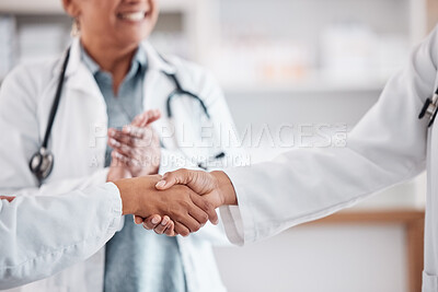 Buy stock photo Clapping, teamwork or doctors shaking hands for success, good job or promotion goal in a hospital meeting. Closeup, congratulations or proud healthcare worker with handshake for medical collaboration