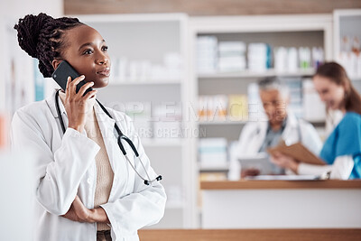 Buy stock photo Pharmacist, medical or black woman on a phone call for medicine, customer service or healthcare support. Listening, doctor or African consultant talking or speaking of prescription or advice to help