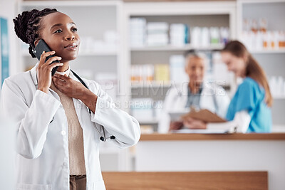 Buy stock photo Pharmacist, woman and phone call for customer support, medicine stock and inventory communication or retail service. Medical and african doctor on mobile, chat and pharmacy contact for healthcare FAQ