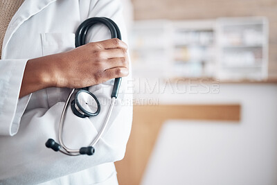 Buy stock photo Hands, doctor and arms crossed with stethoscope in hospital, surgery and trust. Closeup of medical worker, cardiology expert and with cardiovascular tools for healthcare services, consulting and test