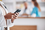 Pharmacist with phone, typing in clinic and medical information research, email or online chat. Smartphone, networking and mockup, woman doctor in pharmacy checking social media or internet news.