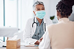 Face mask, mature or doctor consulting a patient in meeting in hospital writing history or healthcare record. People, medical or happy nurse with woman talking or speaking of test results or advice 