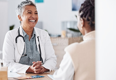 Buy stock photo Happy woman, laughing or doctor consulting a patient in hospital for healthcare help, feedback or support. Mature, medical or funny nurse with a person talking or speaking of test results or advice