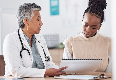 Buy stock photo Documents, meeting or doctor consulting a patient in hospital for healthcare history or record. People, medical or nurse with black woman talking or speaking of test results, insurance or advice 