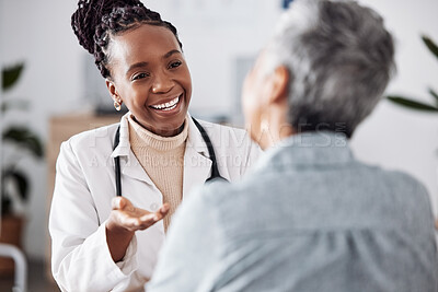 Buy stock photo Smile, black woman or doctor consulting a patient in meeting in hospital for healthcare feedback or support. Happy, medical or nurse with a mature person talking or speaking of test results or advice