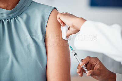 Buy stock photo Hands, medical and doctor with patient for vaccine in a clinic for healthcare treatment for prevention. Closeup of a nurse doing a vaccination injection with a needle syringe in a medicare hospital.