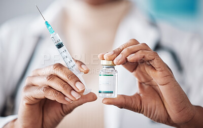 Buy stock photo Medical vaccine, needle or person hands with medicine vial container for virus protection, safety or health security. Hospital policy, compliance and closeup pharmacist, nurse and doctor with syringe