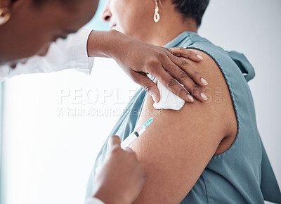 Buy stock photo Medicine, healthcare and doctor with woman for vaccination in a clinic for medical treatment for prevention. Closeup of a nurse doing a vaccine injection with a needle syringe in a medicare hospital.