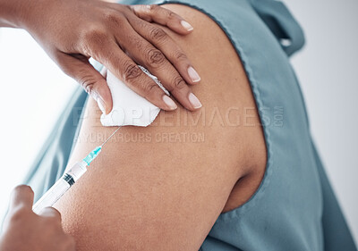 Buy stock photo Hands, healthcare and doctor with patient for vaccine in a clinic for medical treatment for prevention. Closeup of a nurse doing a vaccination injection with a needle syringe in a medicare hospital.