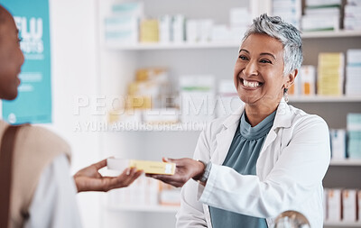 Buy stock photo Pharmacist, medicine or patient with pills, supplements to patient in customer services help desk. Pharmacy, smile or mature doctor giving woman medical product or medication box in retail healthcare