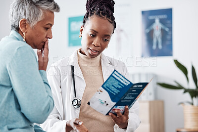 Buy stock photo Brochure, consulting or doctor talking to patient for life insurance or healthcare services or medical data. Medicine, nurse helping or mature woman learning info on pamphlet in hospital for advice