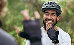 Cycling, sign language and a man in outdoor for fitness, training or communication with a deaf friend. Team building, exercise and a cyclist talking to a sports person with a disability in nature