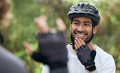 Buy stock photo Cycling, sign language and a man in outdoor for fitness, training or communication with a deaf friend. Team building, exercise and a cyclist talking to a sports person with a disability in nature