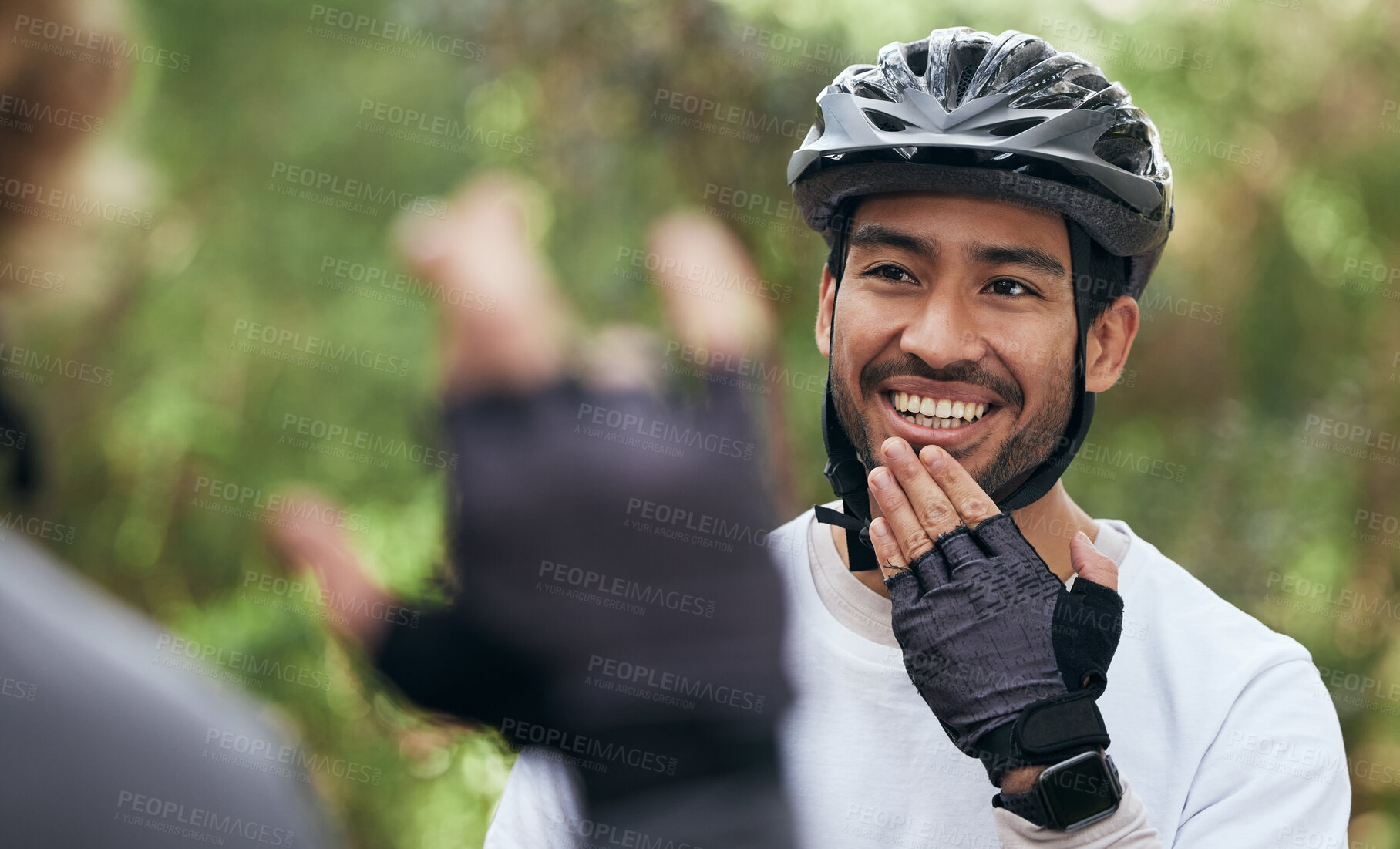 Buy stock photo Cycling, sign language and a man in outdoor for fitness, training or communication with a deaf friend. Team building, exercise and a cyclist talking to a sports person with a disability in nature