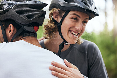 Buy stock photo Hug, happy and cycling with friends in nature for fitness, health and partnership. Teamwork, motivation and sports adventure with men training in forest for wellness, workout and freedom together