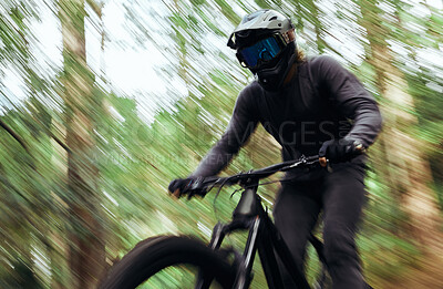 Buy stock photo Bicycle, forest and man travel, speed and workout outdoor in woods for healthy body. Mountain bike, nature and athlete training, cycling blur and off road adventure on journey, freedom and fast sport