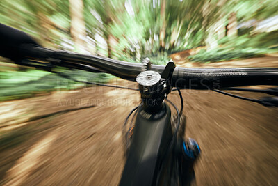 Buy stock photo POV, mountain bike and person cycling in nature, park and forest for adventure, speed and motion blur. Closeup, perspective and bicycle handle for outdoor action, fast power and off road performance