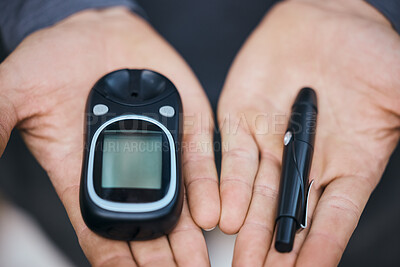 Buy stock photo Glucose, glucometer and hands with needle for diabetes and blood sugar test, check and monitor. Healthcare, wellness and closeup of person with medical device for treatment, medicine and inspection 