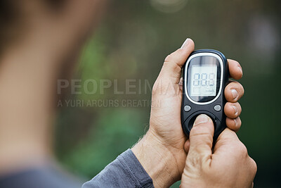 Buy stock photo Glucose, fitness and hands with glucometer for diabetes and blood sugar test, check and monitor. Healthcare, medical care and closeup of person for inspection after training, exercise and workout