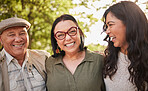 Portrait, mature parents and daughter laugh at retirement joke, goofy park journey or funny humour in wellness garden. Love, face and happy family woman, mama and cheerful papa bonding in Venezuela